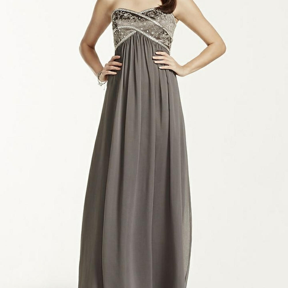 Davids Bridal Gray Gown Chiffon with Beaded Bodice
